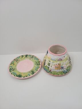 Yankee Candle Pink Green Country Farm Garden Lrg Ceramic Jar Shade And Plate Set